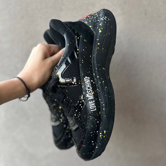 Love Moschino Women's Black Heart Sneakers Colorful Paint Limited Edition - Picture 4 of 5